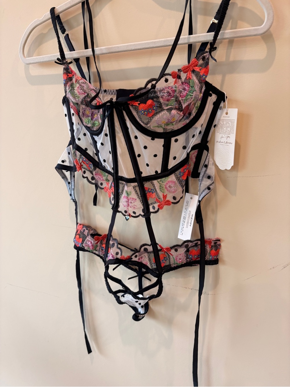 For Love & Lemons Black Sheer Floral Embroidered Garter Bodysuit
